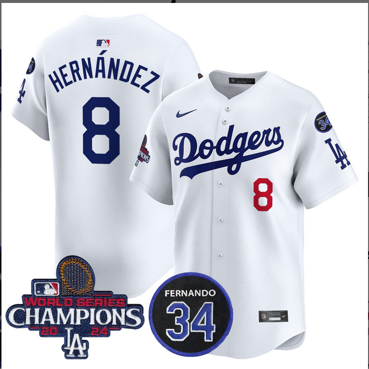 Men MLB Los Angeles Dodgers #8 Hernandez white 2024 World Series Champions Patch Limited Jersey style 2